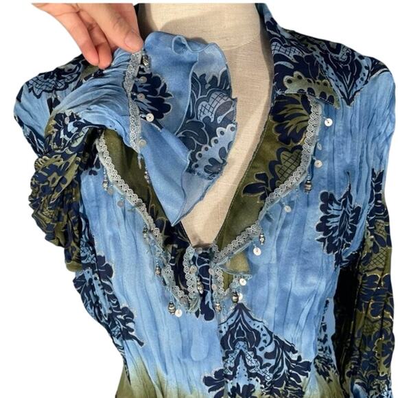 Vintage Y2k Bohemian Print Crinkle Blouse Beaded Ruffle Whimsygoth Large Boho - Picture 3 of 5